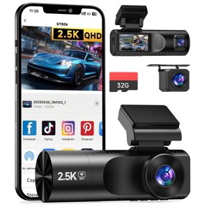 Cam avant et arrière Dash, 2,5K+180P+180 P 3 Canal Dash Cam avec 32GB Carte, Wi-Fi Caméra de Dash pour les voitures, G-Sensor, vision nocturne, 24H Stationnement, boucle