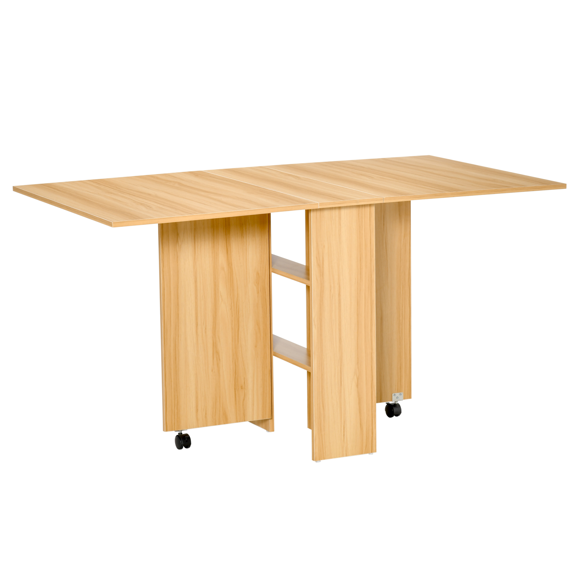 HOMCOM Table à Manger Pliable avec Étagères de Rangement, Abattants et Roues, Teck