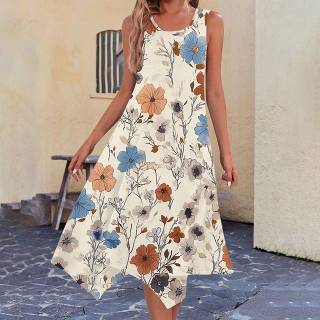 Ovzne Robes Grande Taille pour Femmes aux Courbes Robe Dames Été Mode Imprimée Sans Manches Col Rond Robe Débardeur Décontractée Robe de Printemps Imprimée Liquidation