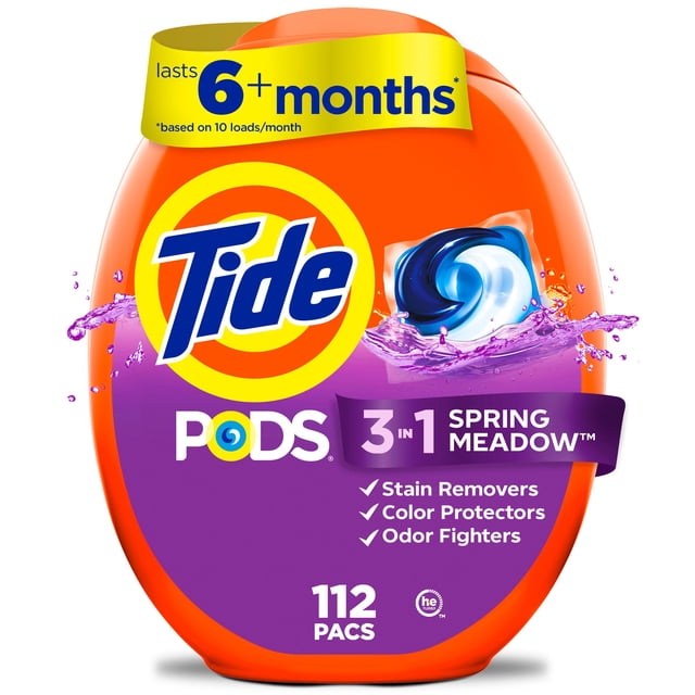 Tide PODS laundry detergent pacs in an orange and purple container with the Tide logo and a blue-white detergent pod image, featuring 3-in-1 stain removers, color protectors, and odor fighters, Spring Meadow scent, 112 pacs, lasting over 6 months based on 10 loads per month, suitable for HE washers.