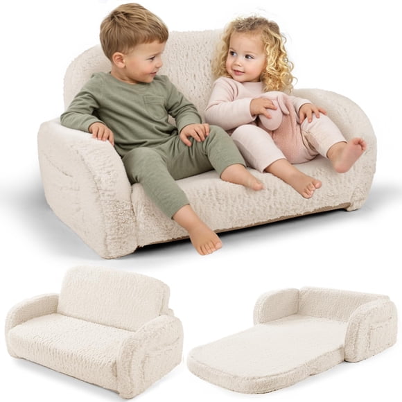 2-in-1 Sherpa Fold Out Kids Couch, Extra Wide Kids Couch, Flip-Out Foam Couch with Soft Sherpa Cover, Modern Foldable Kids Furniture for Boys & Girls 3+, Beige
