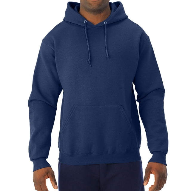 Jerzees NuBlend® Men's Pull Over Hooded Sweatshirt in navy blue with 1-ply hood, matching drawcords, front pouch pocket, and ribbed cuffs and waistband, made from pill-resistant fleece with high stitch density, ideal for casual wear or layering.