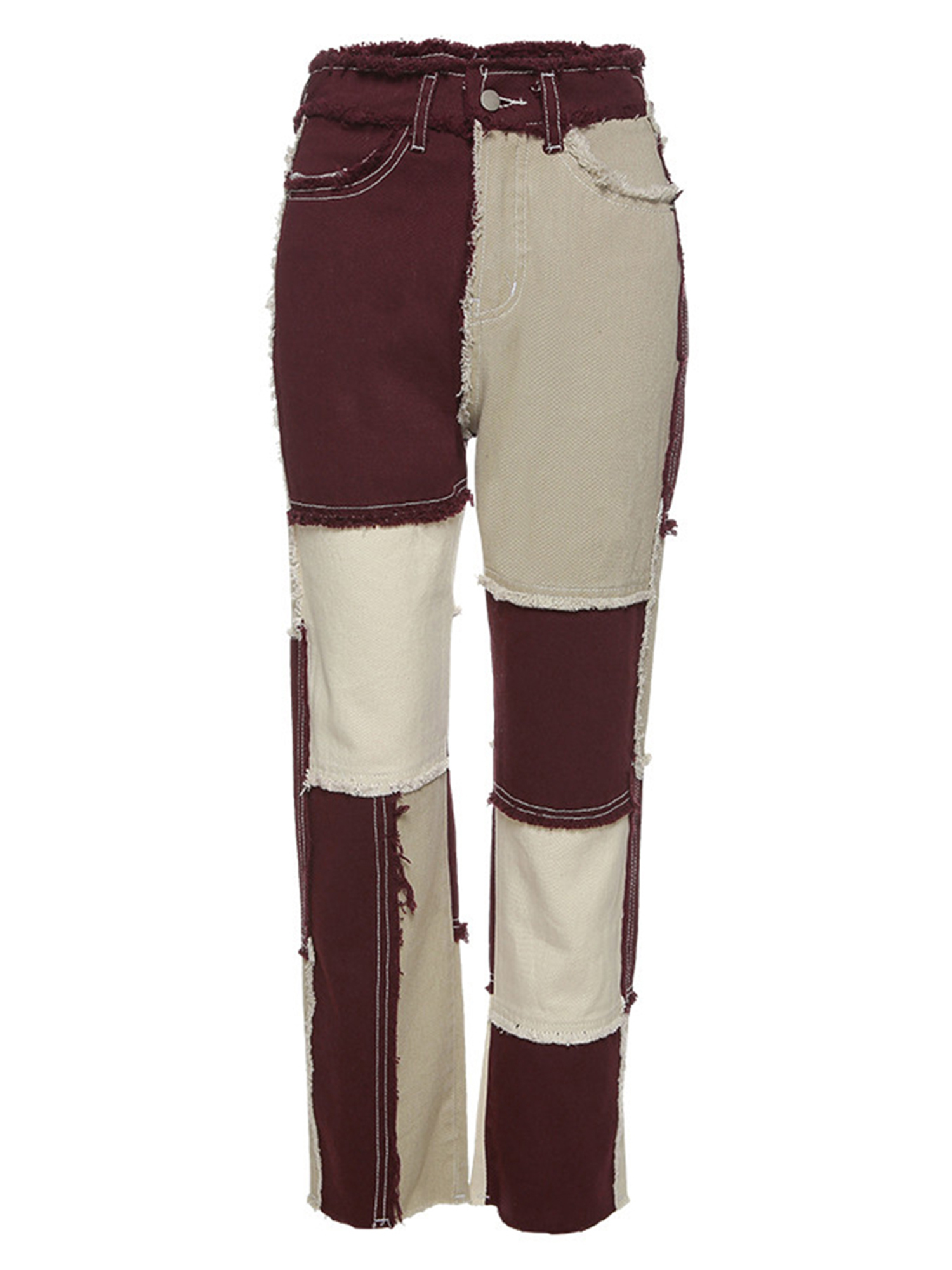 Kmbangi Jeans à Blocs de Couleur Patchwork pour Femmes + Pantalon en Denim Taille Haute