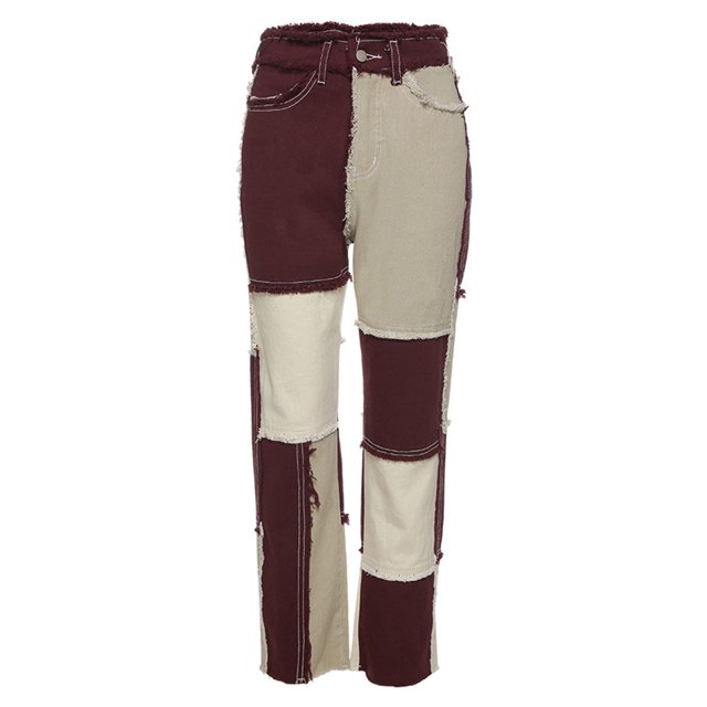 Kmbangi Jeans à Blocs de Couleur Patchwork pour Femmes + Pantalon en Denim Taille Haute