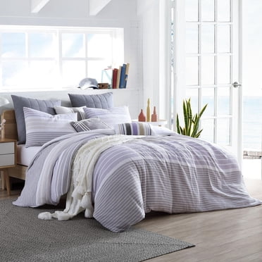 Swift Home 100% Cotton Yarn-Dyed Stripe Gauze Duvet Cover Set, Textured, Full/Queen, Purple