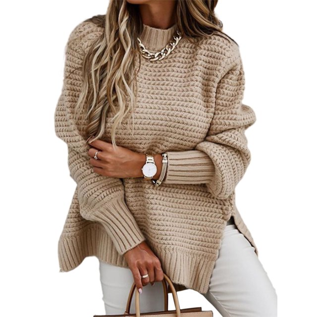Innerwin Chandail d'Hiver Chaud pour Femmes, Loungewear, Demi-Col Roulé, Chandail Ample, Khaki 3TG