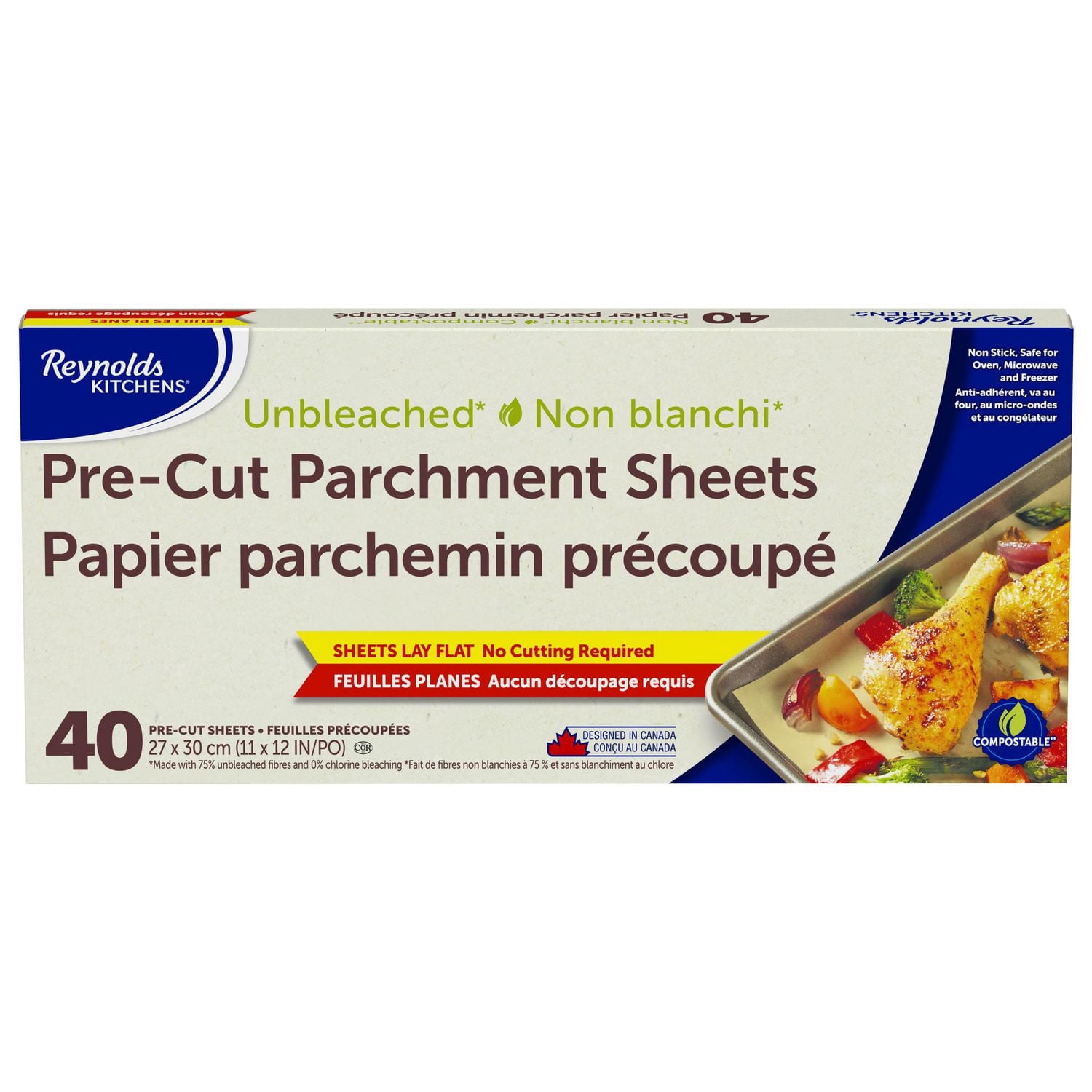 Reynolds Kitchens Feuilles de Papier Parchemin Précoupées, Papier Parchemin Non Blanchi Compostable, 40 Feuilles