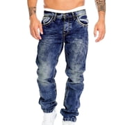 FYEGRE Jeans à ruban mince pour hommes Pantalon de denim sport pour la musculation et le port occasionnel Tissu extensible confortable avec poches fonctionnelles Idéal pour le bleu M