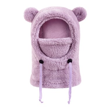 COKOI Kids All-in-One Fleece-Lined Balaclava with Bear ears, Windproof Face Mask Hood with Integrated Scarf, Full Head & Neck Coverage for Skiing, Snow Play, and Winter Sports. Purple
