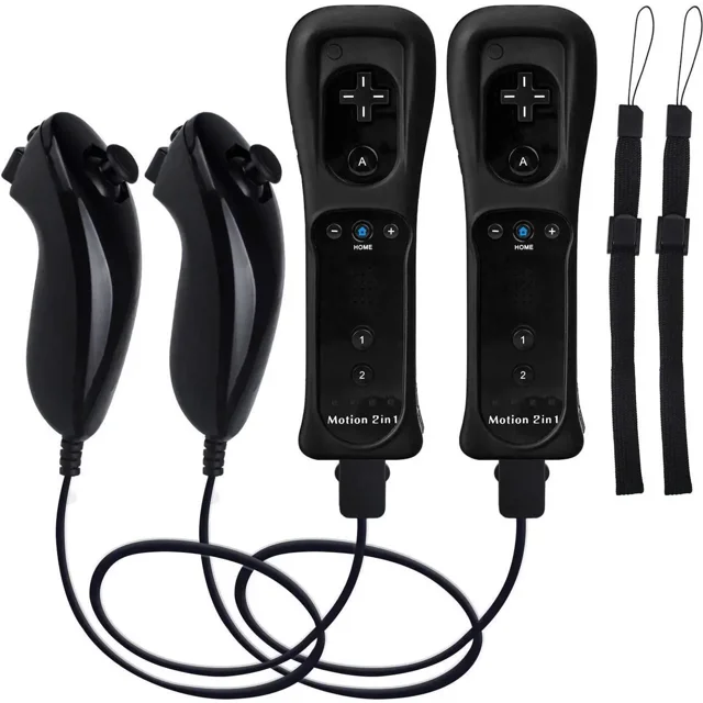 Motion Plus Wii Controllers 2Packs with Nunchucks, Wii Remote Controllers Compatible for Wii and Wii U with Built-in Motion Plus. The set includes two black Wii remote controllers with built-in Motion Plus for enhanced sensitivity and two matching nunchuck controllers with ergonomic designs and 3-axis motion sensors. Also included are two wrist straps for secure gameplay. Compatible with Nintendo Wii and Wii U, supporting all Wii games. Batteries and Wii console not included.