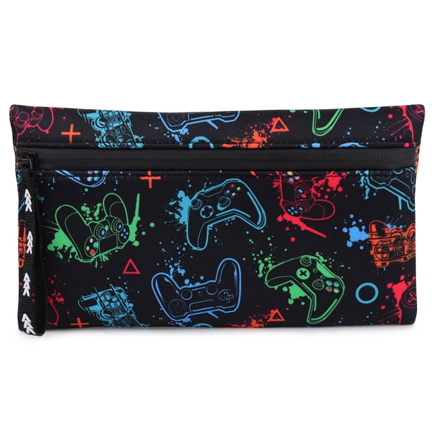 Pen+Gear Gaming Controller Design Flat EVA Pencil Pouch, Black Zip with Patterned Zip Pull, Middle and Elementary School