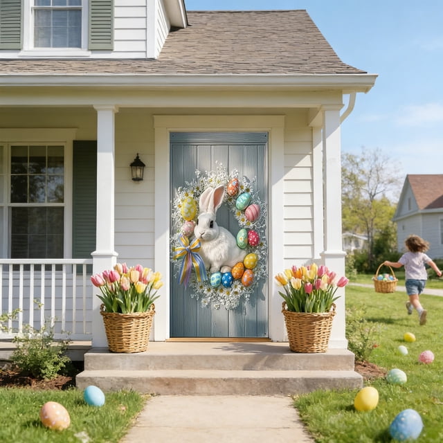 CaiYueKe Easter Door Curtain Spring Holiday Decorations Bunny Rabbit Egg Pattern Party Backdrop Wall Hanging Decorative Banner for Home Festival Celebration Indoor Outdoor