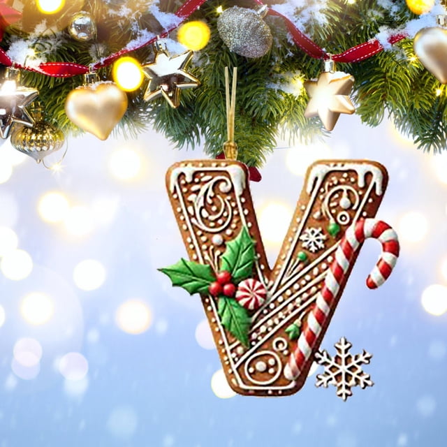 Rwnbm 26 Letters Christmas Tree Decoration Pendant featuring the letter 'V' with festive designs including holly leaves, candy canes, snowflakes, and intricate patterns. Made of durable acrylic material, this lightweight ornament is perfect for DIY personalization and decorating Christmas trees, wreaths, windows, and holiday spaces.