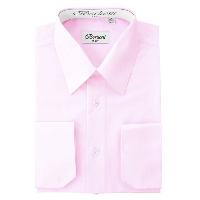 BERLIONI MEN'S CONVERTIBLE CUFF SOLID DRESS SHIRT-PINK-L sleeve 36/37
