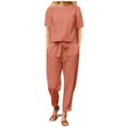 thumbnail image 1 of BYHONG Pantalon Décontracté d'Été pour Femmes Couleur Unie Lin Manches Courtes Col Rond Ample Jambes Larges Costume Pantalon Rouge L, 1 of 9