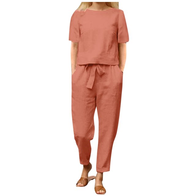 BYHONG Pantalon Décontracté d'Été pour Femmes Couleur Unie Lin Manches Courtes Col Rond Ample Jambes Larges Costume Pantalon Rouge L