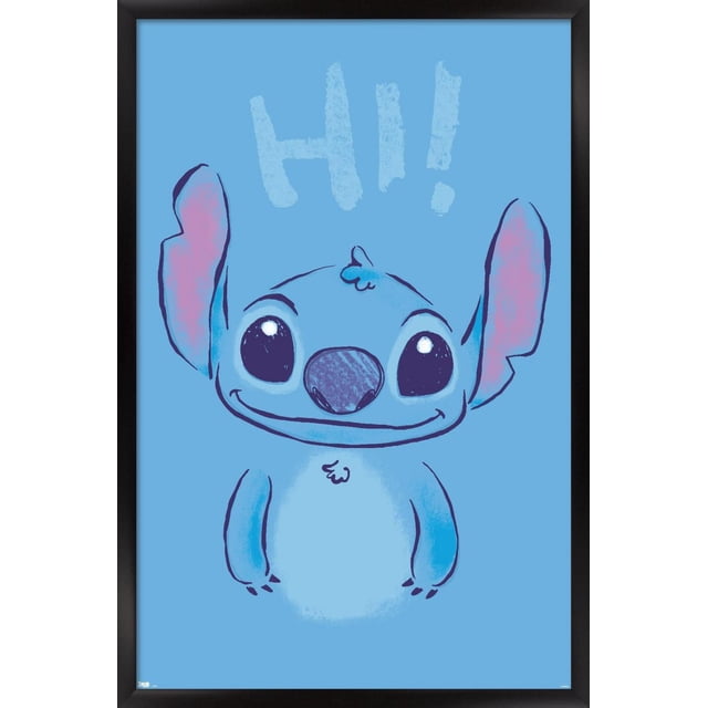 Disney Lilo and Stitch - Hi Wall Poster, 22.375" x 34" features a front-facing illustration of Stitch with large black eyes, a wide nose, and big ears with pink inner shading on a blue background with the word 'Hi!' above in textured light blue letters. This glossy poster is lightweight and easy to hang, suitable for bedroom or office wall decor.