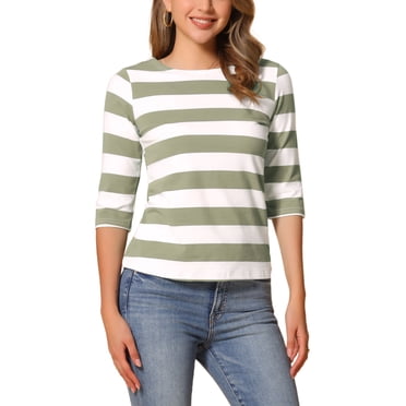 INSPIRE CHIC Women's Striped Shirts Slim Fit Elbow Sleeves Boat Neck T-Shirt 3 L