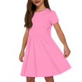 thumbnail image 1 of Robes pour Filles Enfants Mode Uni Col Rond Manches Courtes Décontracté Confortable Robe avec Poches Robes pour Bébé Rose Vif 4 Ans-5 Ans, 1 of 6