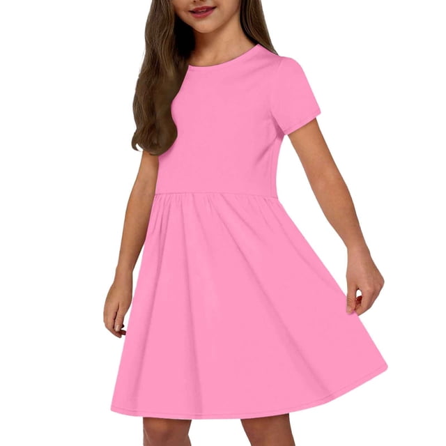 Robes pour Filles Enfants Mode Uni Col Rond Manches Courtes Décontracté Confortable Robe avec Poches Robes pour Bébé Rose Vif 4 Ans-5 Ans