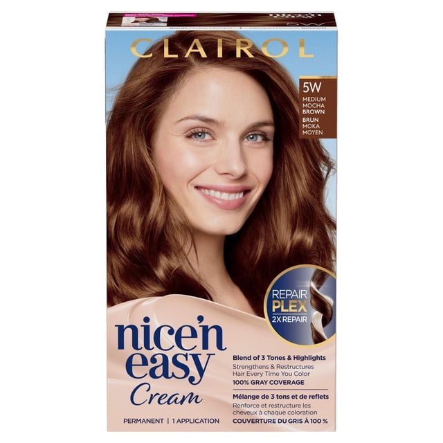 Clairol Nice'n Easy Permanent Hair Dye in 5W Medium Mocha Brown cream formula blending 3 tones and highlights for natural-looking color, 100% gray coverage, and RepairPlex technology for 2X hair repair and strengthening in one application.