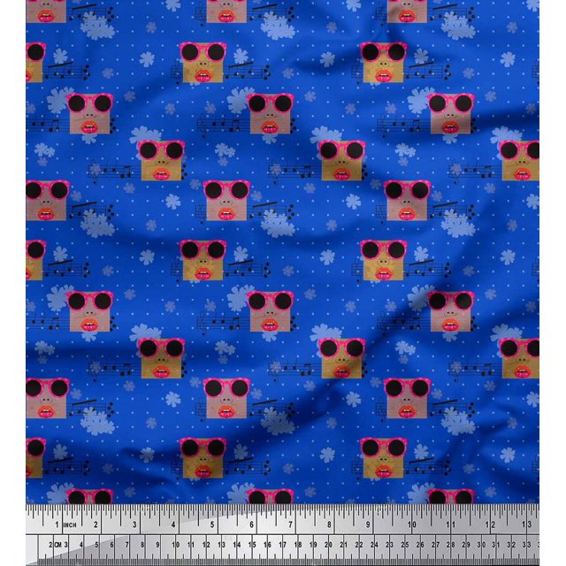 Soimoi Blue Rayon Fabric Musical Notes,Dot & Goggles Fashion Print Fabric by Yard 56 Inch Wide