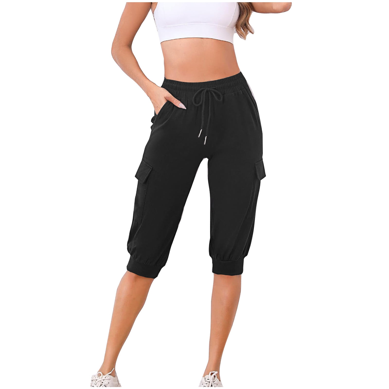 Timegard Shorts Cargo pour Femmes, Taille Haute Élastique, Shorts en Molleton à Cordon, Demi-Pantalon d'Extérieur avec Poches