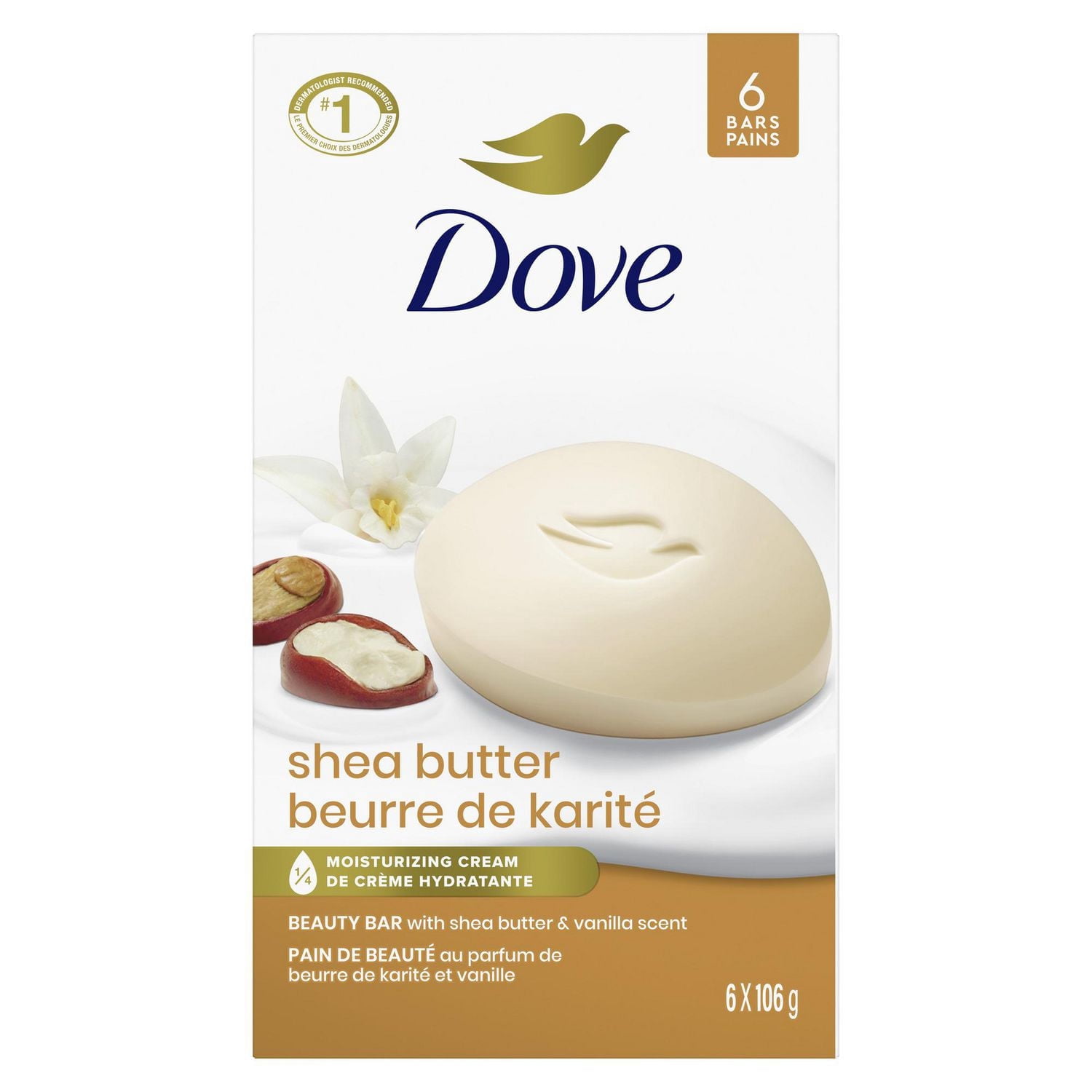Dove Pain de Beauté 1/4 de Crème Hydratante Beurre de Karité, 106 g (6 pains)