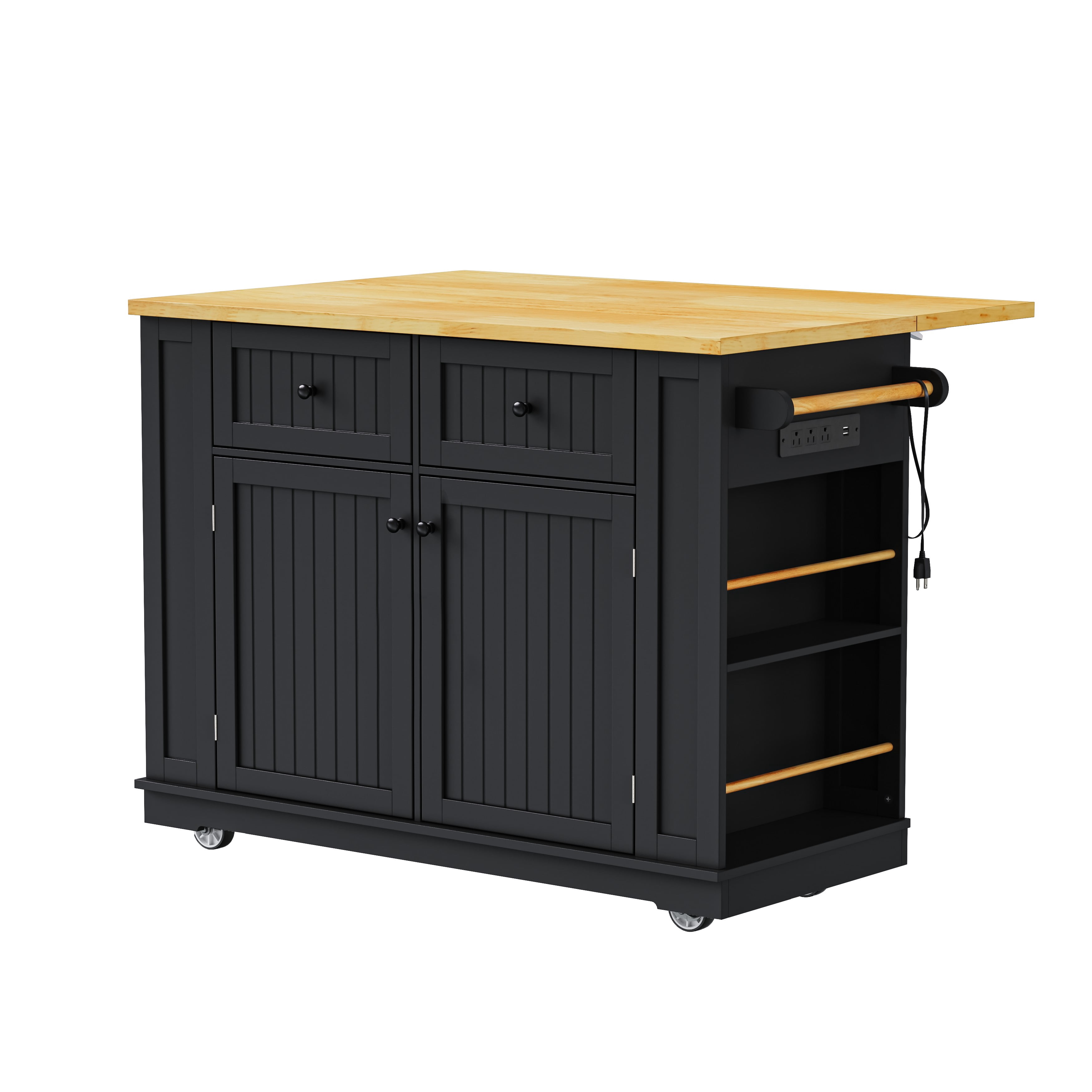 Noble House 48" Large Kitchen Island with Drop Leaf,5 Wheels 5 Open Side Racks,White