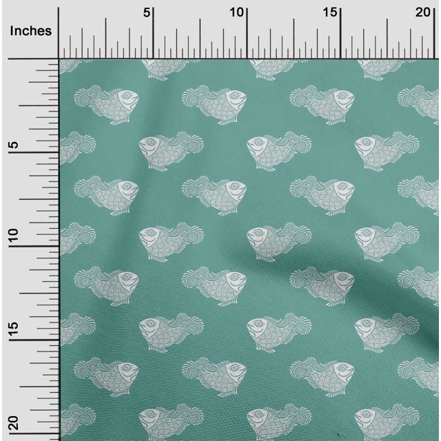 oneOone Cotton Poplin Fabric Fish Block Printed Fabric 1 Yard 42 Inch Wide