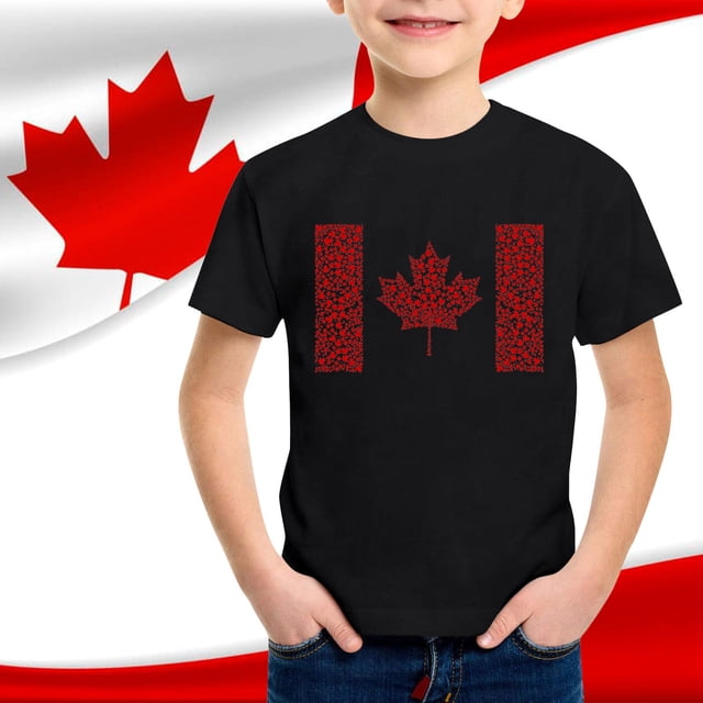 T-Shirts à Manches Courtes Garçon Enfants Garçons et Filles Été Fête du Canada Drapeau Feuille d'Érable Monogramme Imprimé Décontracté Col Rond Manches Courtes T-Shirt T-Shirt Enfant Noir 4 Ans-5 Ans