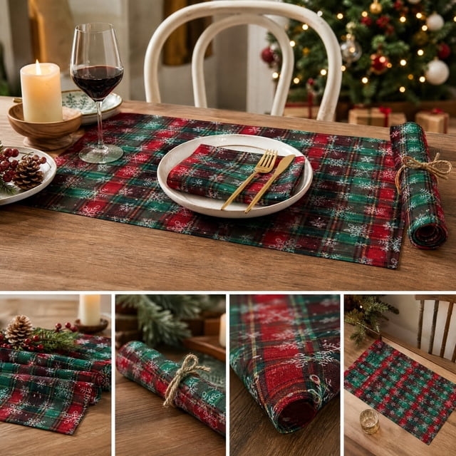 Christmas Plaid Placemats Set Tartan Snowflake Table Mats Washable Stain Resistant for Dining Table Kitchen Holiday Party Decorations Winter Decor
