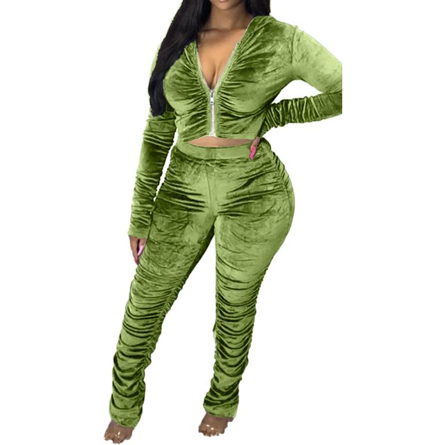 Honganda Slim Pleated Zipper Hooded Top and Pants Two-piece Suit