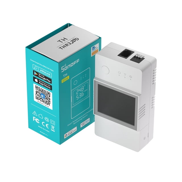 SONOFF TH Elite 20A WiFi Sans Fil Intelligent Switch avec Mesure de Température et d'Humidité pour l'Automatisation de la Maison Intelligente, Affiché aux Côtés de Son Emballage. l'Appareil Comprend un Écran LCD pour une Surveillance en Temps Réel et Prend en Charge les Équipements à Haute Charge jusqu'à 20A. Compatible avec Alexa, Google home et IFTTT, Il Active la Télécommande via l'App eWeLink Sans Nécessiter de hub.