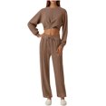 thumbnail image 1 of ShomPort Womens 2PC Matching Set Long Sleeve Crewneck Wrap T-Shirts Drawstring Elastic Waist Loose Pants Going Out Trendy Set, 1 of 7