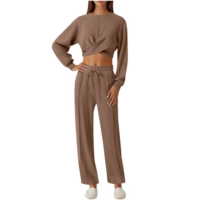 ShomPort Womens 2PC Matching Set Long Sleeve Crewneck Wrap T-Shirts Drawstring Elastic Waist Loose Pants Going Out Trendy Set