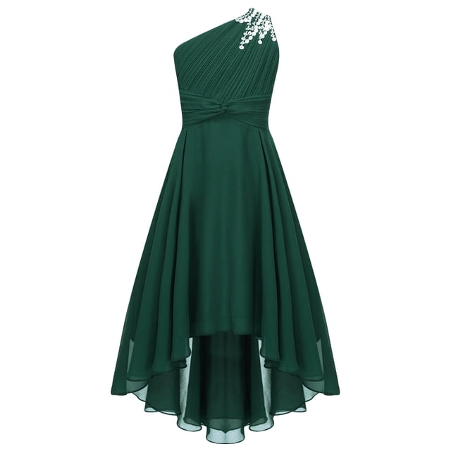 TSSOE Robe pour Fillettes Demoiselle d'Honneur Junior pour Mariage Froncée à une Épaule Fête Ourlet Haut-Bas Robe de Bal Vert Armée 14