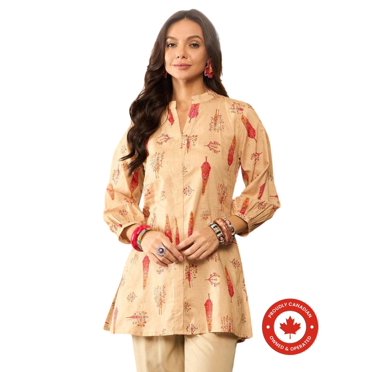 DWEEP SARA Haut Régulier Court Kurti Tunique pour Femmes en Mélange de Coton Beige à Imprimé Floral, TG-42