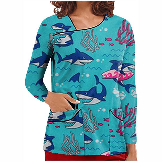Pompotops Hauts à Col en V pour Femmes, Uniforme de Travail, T-Shirt Imprimé à Manches Longues avec Poches