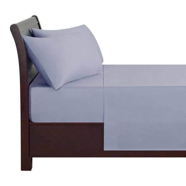 hometrends 400 Thread Count 100% Cotton Sheet Set - Sateen in blue displayed on a dark wood bed frame, including fitted sheet, flat sheet, and two pillowcases made from smooth, breathable cotton sateen with wrinkle and fade resistance and True Grip fit technology for mattresses up to 15 inches deep.