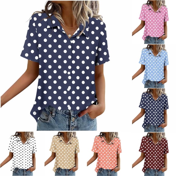 QIUOMBBP Short Sleeve Button Down Shirts for Women Polka Dots Lapel Collared Blouse Loose Casual Summer Streetwear Tops Orange XXL