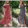 thumbnail image 4 of Women's Boho Off Shoulder Strapless Summer Beach Floral Slit Maxi Dress Red-XL, 4 of 5