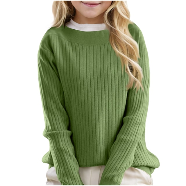 LOVZFMLL Chandails pour Filles, Chandail à Col Rond Côtelé Uni, Vêtements d'Automne Essentiels Confortables et Extensibles, Hauts d'Hiver Chauds, Vêtements pour Filles de 10-11 Ans