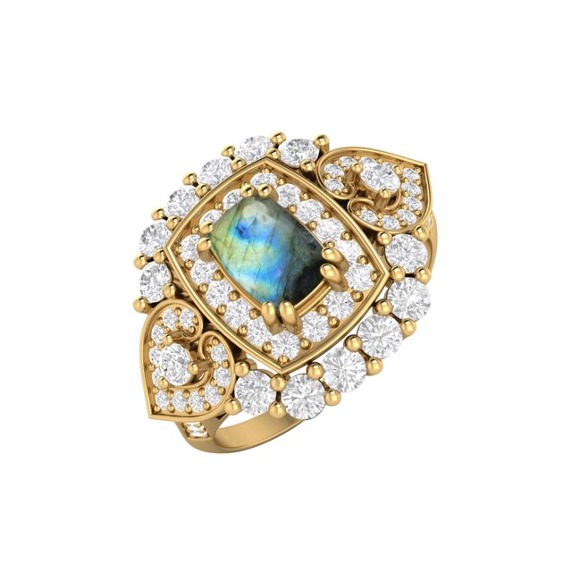 Bague de Mariage pour Femme en Argent Sterling 925 Plaqué Jaune, Labradorite en Forme de Coussin 6x4 mm