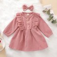 thumbnail image 3 of Toddler Baby Girl Fall Spring Dress Corduroy High-Waist Ruffle Buttons Princess Dress With Bow Headband, 3 of 7