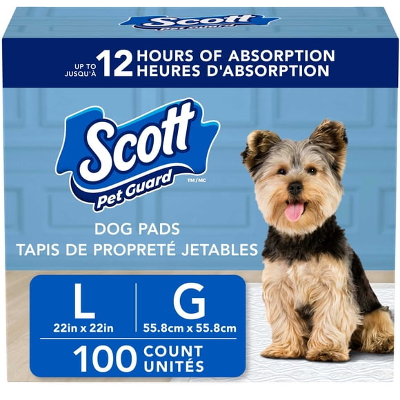 Scott Pet Guard Dog Pads - Dog Training Pee Pads for Puppies, Medium & Large Dogs - Up to 12 Hour Absorbent odour Control - Easily Disposable Dog Pee Pads - Size Large - 22" x 22" - 100 Pack