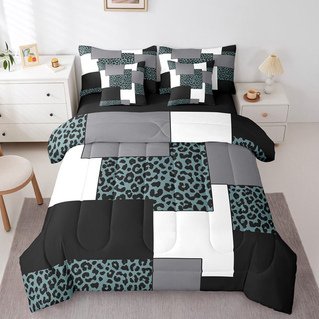 YST Ensemble de Douillette Léopard 7 Pcs Simple pour Hommes Femmes, Ensembles de Literie Rayés Mi-Siècle, Lit Tout-en-un Imprimé Guépard, Ensembles de Lit Minimalistes Réversibles avec Ensemble de Draps Déco de Chambre