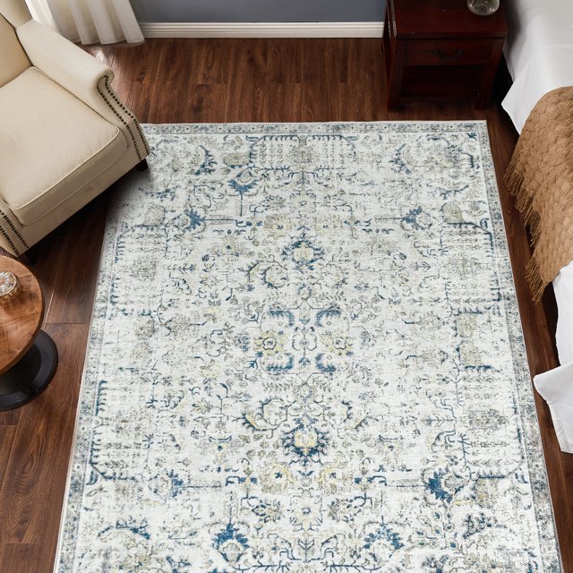 RUGKING Traditional Area Rug 5x7 Blue Multi Flodable Floral Print Distressed Non Slip Indoor Rug for Living Room Bathroom Kitchen Bedroom