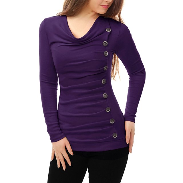 INSPIRE CHIC Women's Cowl Neck Buttons Decor Long Sleeves Ruched Top