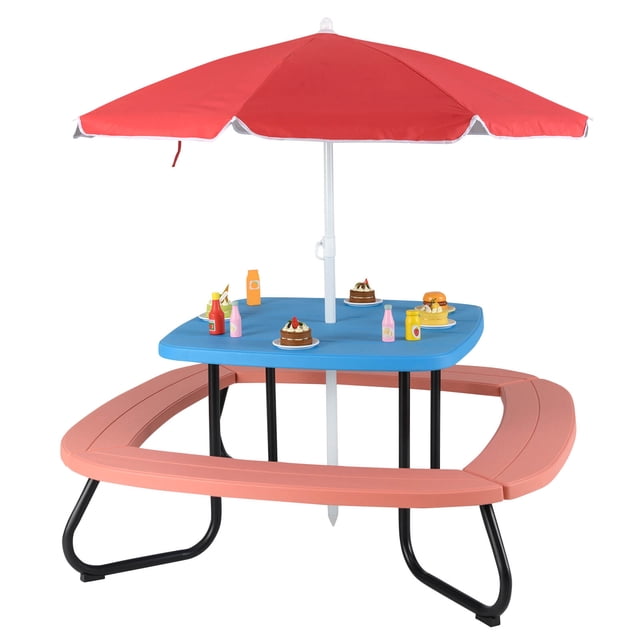 Costway Table de Pique-Nique pour Enfants Table d'Activités Extérieure avec Parasol Ajustable et Pliable en Bleu. la Table Présente un Matériau HDPE durable avec un Plateau Bleu et des Bancs Rouges, Soutenue par un Cadre Métallique Robuste avec des Patins Antidérapants. Elle Comprend un Parasol en polyester Rouge avec une Hauteur Réglable Allant de 39 à 63 Pouces, Offrant de l'Ombre pour une Utilisation Extérieure. la Table Peut Accueillir jusqu'à 8 Enfants et Convient à Diverses Activités comme Jouer, Dessiner et Manger. Idéale pour les Enfants de 3 Ans et Plus, Elle Est Parfaite pour les Cours Arrière, les